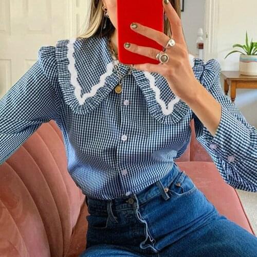 Deeptown Elegant Blouses Women Plaid Ladies Tops Collared Shirt Button Up Long Sleeve Tops Spring 2021 Trendy Cottagecore Casual