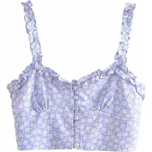 Crop Tops Women Floral Print Sling Spaghetti Strap Button Summer Casual T Shirt Camis Female Tank Vest 2021 New