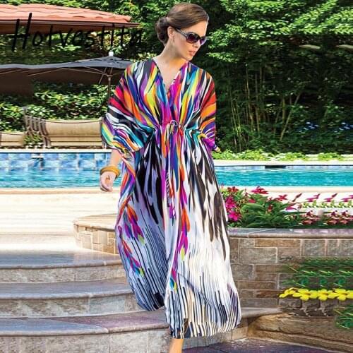 Hotvestita Kaftan Beach Short Sleeve Summer Maxi Dresses Rainbow Print Girdle Tunic Women Sarong Beachwrap Loose Bikini Cover Up