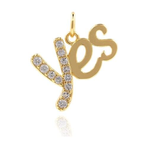 Micropavé Cubic Zirconia YES Necklace, Gold Text Pendant, Text Charm, DIY Jewelry Components 13.7×12.7×1.7mm