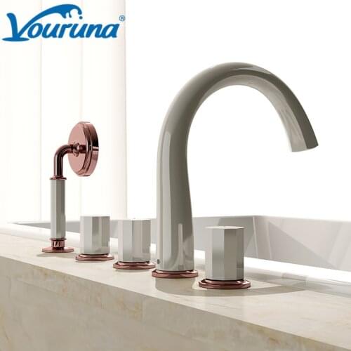 Vouruna NEW Black&White 5 Holes Deck mounted Roman Tub Filler Bathtub Faucet Shower Mixer Tap