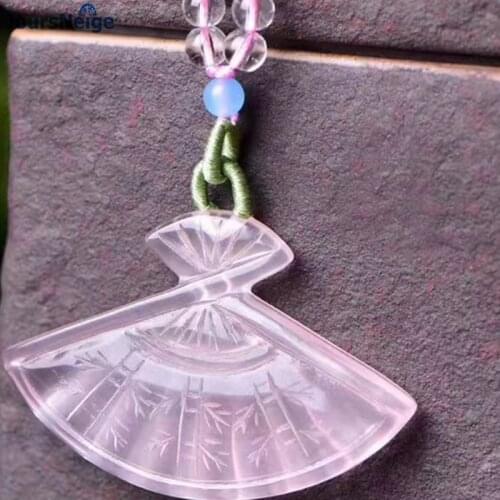 Wholesale Pink Natural Crystal Pendant Hand Carved Fan With Beads Chain Adjustable Rope Necklace Lucky for Women Girl Jewelry