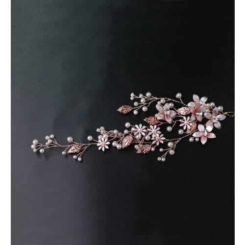 Luxury Women Rose Gold Leaves Flower Headband Handmade Pearl Rhinestone Headpeice Bride Wedding Hairband Women Hair Jewelry VL