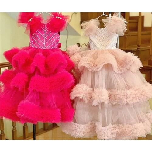 Luxury Flower Girl Dress Puffy Tiered Tulle Cloud Beading Long Pageant Gown Kids Birthday Dress for Princess 1-14Years