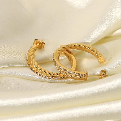 Double Twisted Zircon Cross C Shape Hoop Earrings For Women Girls Stainless Steel Circle Earrings Tarnish Free