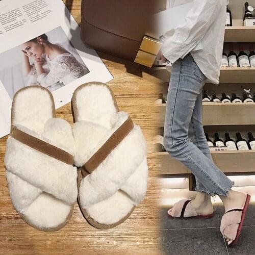 Mixed colors cross fur sandals women home mules shoes winter new furry sandals woman cozy pantufa big size fur flip flops woman