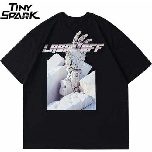 Streetwear Oversize T Shirt Men Hip Hop Letter Robot Hand Print T-Shirt 2021 Summer Short Sleeve Harajuku Cotton Loose Tshirt