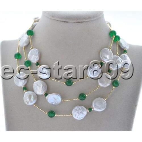 Z10758 20"~60" 15mm White Coin Pearl Green Jade Necklace