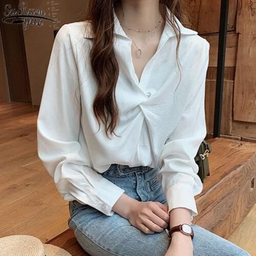 2021 Spring White Shirt Lady Long Sleeve Womens Blouse Korean Temperament Loose Solid Tops Bottom Shirt Blusas Mujer 12612