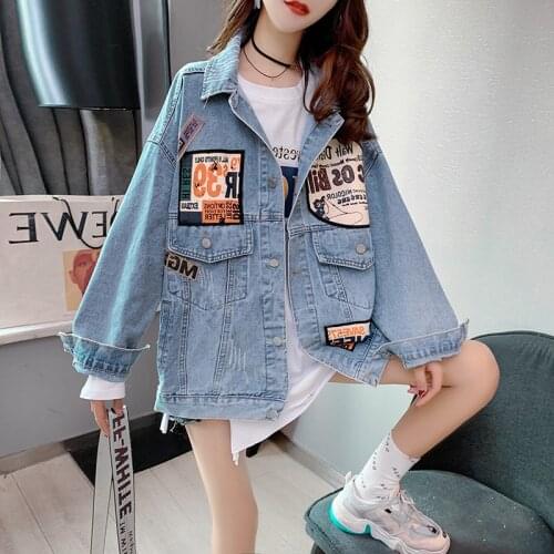 Women Denim Jean Jackets Spring 2021 Streetwear Harajuku Za Vintage Sticking Cloth Printing Loose Long Sleeve Coat Basic Outwear