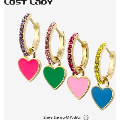 Lost Lady New Tiny Ear Heart Dangle Earrings for Women Gold Color Hoop Earrings Rhinestone Cute Earring Party Jewelry Girl Gift