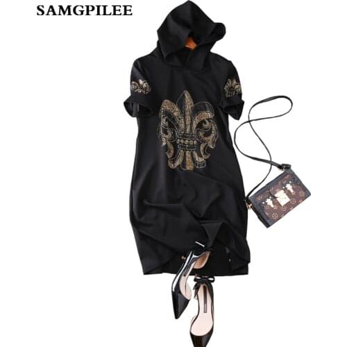 2020 Real New Spring A-line Print Short Sleeve Diamonds Knee-length Fashion Natural Hooded Women Dress L-4xl