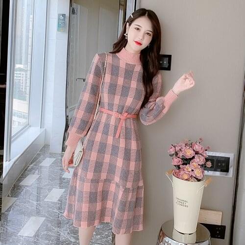 New Elegant Korean Winter Vestidos Sexy Slim Plaid Knitted dress thickening turtleneck knit dress Office Female Sweater Dresses