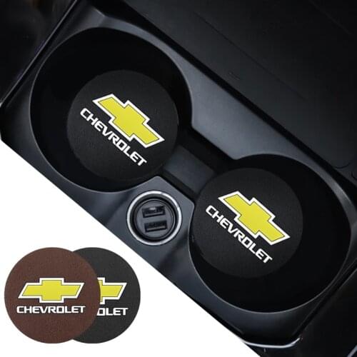 2Pcs PU Leather Car Cup Mat Auto Emblem Non-Slip Cup Slot Pad For Chevrolet Cruze Trax Equinox Captiva Impala Sonic Malibu Tahoe