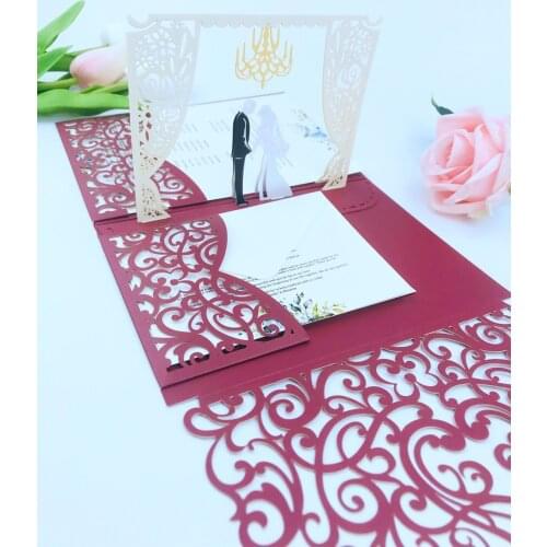 Free Shipping 50X 3D Burgundy POP UP Couple wedding invitation card Bride Groom laser cut pocket customized printing RSVP