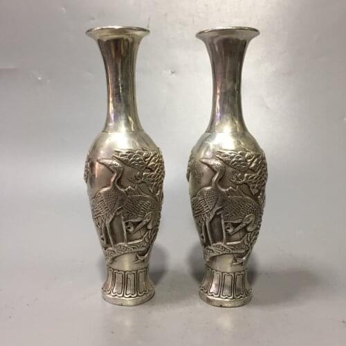 Chinese Style Antique Art Crane Vase Metal Decoration Handicraft Decoration Tibet Silver Vase Desktop Decoration
