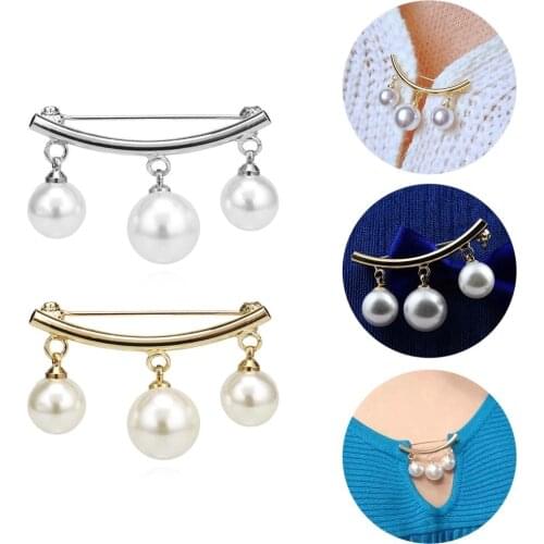 NEW Pearl Fixed Strap Charm Safety Simulated Pearl Pin Brooch Sweater Cardigan Clip Chain Brooches Jewelry Non-slip Buckle BEST