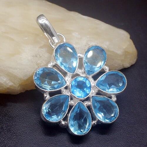 Gemstonefactory Jewelry Big Promotion 925 Silver Glowing Unique Blue Topaz Women Ladies Mom Gifts Necklace Pendant 0405