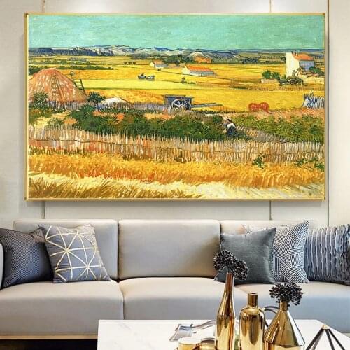 Impressionist Van Gogh Harvest At La Crau Landscape Oil on Canvas Painting Posters and Prints Wall Art Picture for Living Room