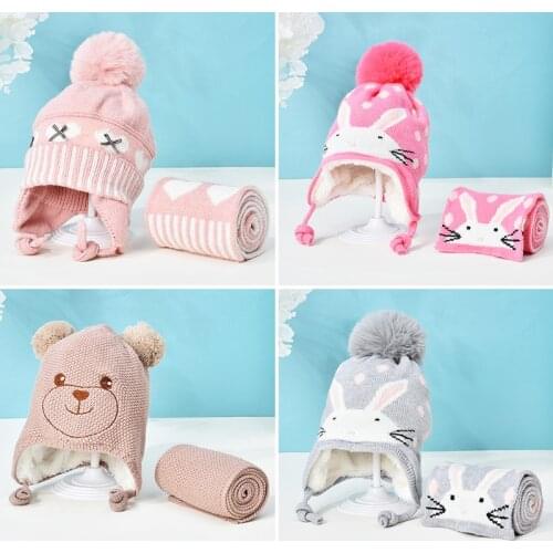 Girls Sweet Two Pieces Hat Scarf Set Cap Childrens Hats Baby Boys Caps Fake Ball Pompon Keep Warm Winter Knitted Skullies Kids