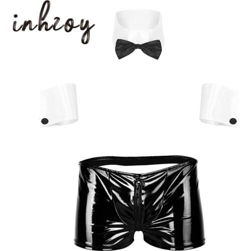 Mens Tuxedo Lingerie Set Open Butt Patent Leather Boxer Briefs with Collar Cuffs Male Gay Underwear Roleplay Hot Sexy Costumes