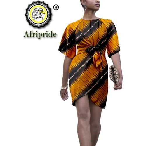 Fashion African Print Dresses for Women Bazin Riche Mini Length Short Sleeve Dresses with Belt African Clothing Elegant S2125026
