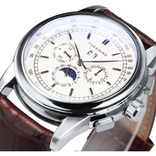 Forsining Moon Phase Shanghai Movement Rose Gold Case Brown Leather Strap Mens Watches Top Brand Luxury Automatic Watch Men Gift