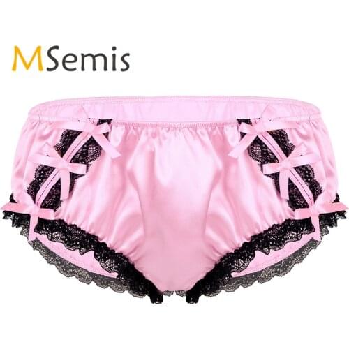 Mens Lingerie Sissy Briefs Shiny Soft Ruffled Floral Lace Satin Underpants Low Rise Stretchy Bikini Underwear