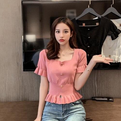 2020 New Women Short Knit Tops Summer Casual Solid Short Sleeve T-shirt Slim Tight Sexy Tee