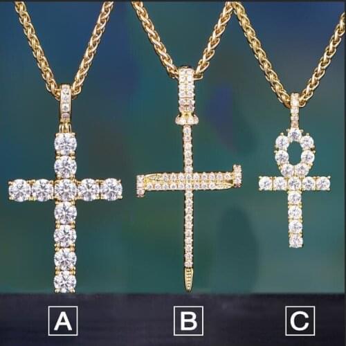 Hip Hop Ankh Cross Pendant Necklace Micro Pave AAAA+ Cubic Zirconia Egyptian Style 24" 30" Chain Necklace