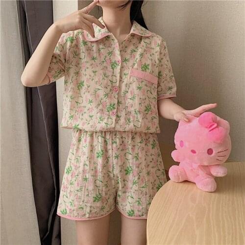 Pajamas Suit Women Summer Cotton Flower Print Pyjamas Fashion Short Sleeved Shorts Suits Homewear 2 Color Comfortable Pjs