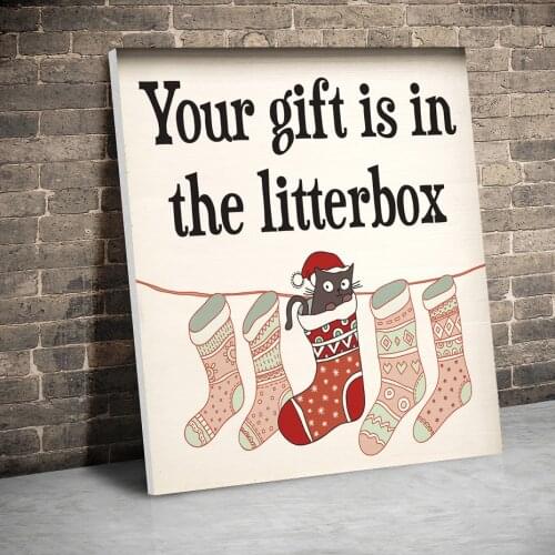 Framed Gifts In the Litterbox Christmas Canvas Paintings Wall Art Prints Posters Pictures Kids Room Home Decor With Inner Frame