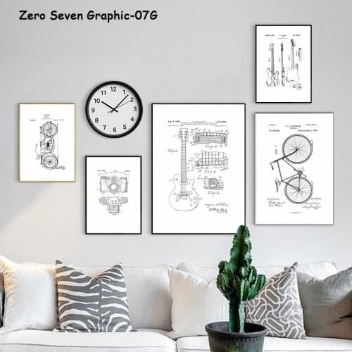 Retro Bicycle Motorcycle Guitar Structure Drawing Canvas Painting Posters And Prints Wall Art Pictures Living Room Home Decor