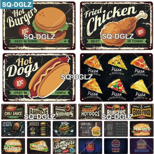 [SQ-DGLZ] Fast Food Metal Sign Bar Wall Decoration Tin Sign Vintage Metal Sign Painting Plaques Pizza/Burger/Chicken Poster