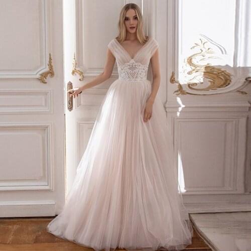 Tulle V-Neck Wedding Dresses 2021 A-Line Cap Sleeve Lace Appliques Pleat Sweep Train Princess Bridal Gown With Button Back