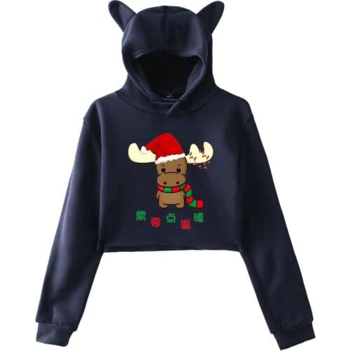 NORA TWIPS Long Sleeve Cropped Hoodies Autumn Sweatshirt Women Christmas Cat Hooded Pullover Crop Tops Winter Sweatshirt