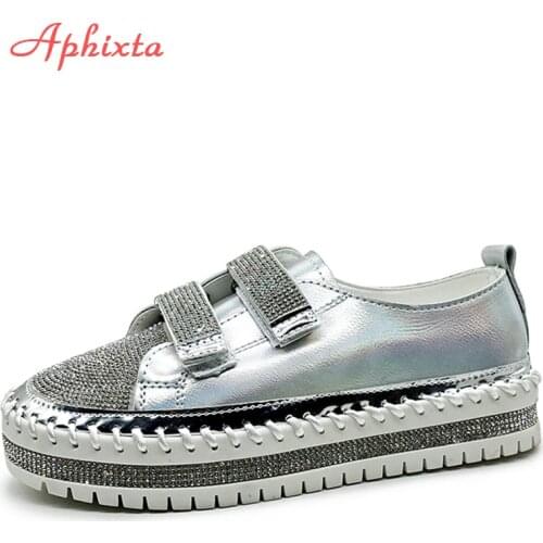 Aphixta Loafers Shoes Women Flats Hook & Loop Crystal Platform Shoes Woman Sequined Cloth Bling Crysta Black Flat Heels Shoe