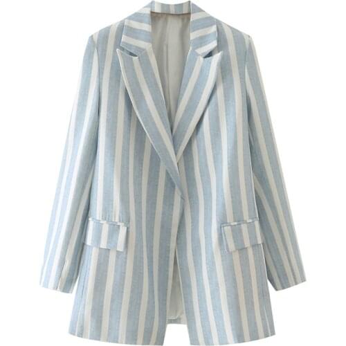 Nice Elegant Women Loose Blue Striped Blazer New Spring Vogue Female Pockets Outwear Office Ladies Chic Basic Cotton Blazers