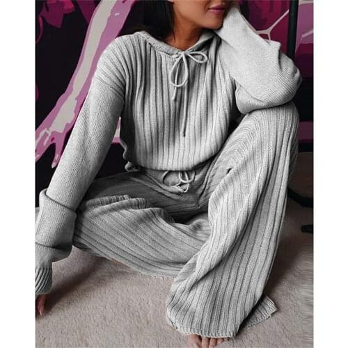 Women Casual 2pcs Set Solid Color Long Sleeve Hooded Top High Waist Drawstring Straight Pants Loungewear Elegant Clothes Sets