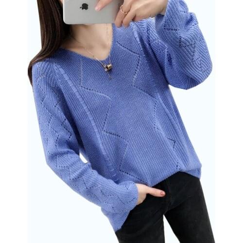 2019 Spring Pullover Women Knitted Sweater Tops Summer Long Sleeve V-neck Hollow Sweater Female Korean version Knit Sweaters