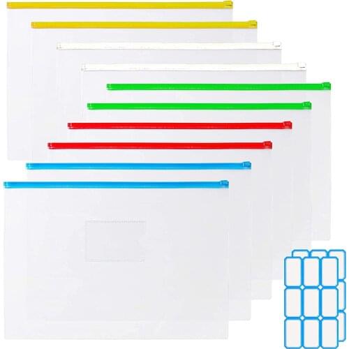 12 Pcs/Set A4/A6 PVC Transparent Waterproof Envelope Files Bill Bags Pencil Pouches 5 Color Zippers Bags With 2 Label Sticker