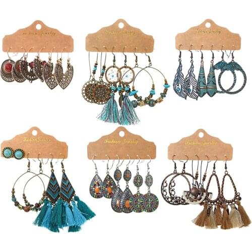 3Pairs/Set Vintage Flower Carved Tassel Indian Earrings Boho Ethnic Alloy Hollow Geometric Drop Dangle Earrings For Women Jhumka