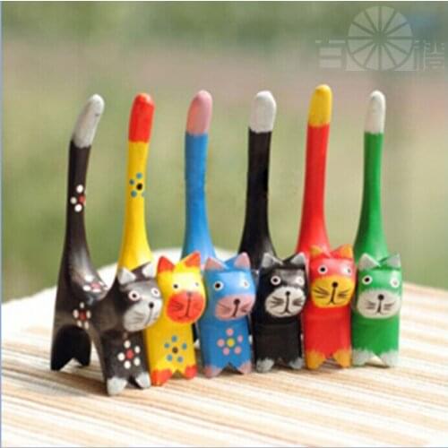 Set of 6 Long Tail Kitty Cat Figurine Decorative Statue Sculpture 4.25" Tall Hand Dot Painting Wooden Hand Carved