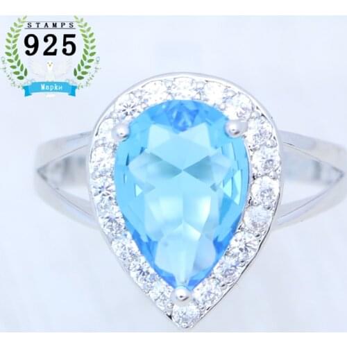 925 Sterling Silver Ring Classic Water Drop Sky Blue Cubic Zirconia and Crystal Transparent Glitter Ring for Bride Free Ring Box