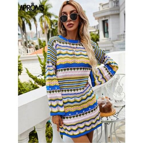 Aproms Vintage Colorful Crochet Mini Dress Women 2021 Casual Long Sleeve Hollow Out Holiday Beach Fashion Short Dresses Vestidos