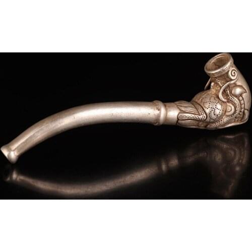 Exquisite Tibet Silver Hand Carving Dragon Myth Statue Old Smoking Tool Figurine