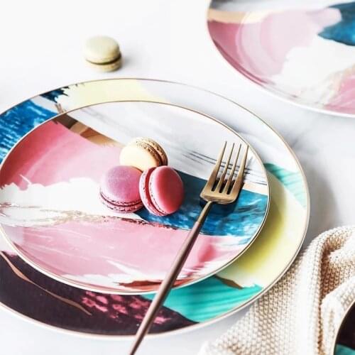 Ceramic Dinner Plate Painting 8 /10 inch Gold Inlay Colorful Cloud Dinnerware Steak Salad Snack Cake Dessert Tray Tableware