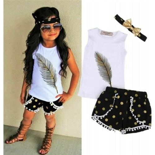 3Pcs/set Outfit Baby Kids Girls Feather Tops T shirt + Polka Dot Shorts + Bow-knot Headband Summer Kid Children Girl Clothes Set