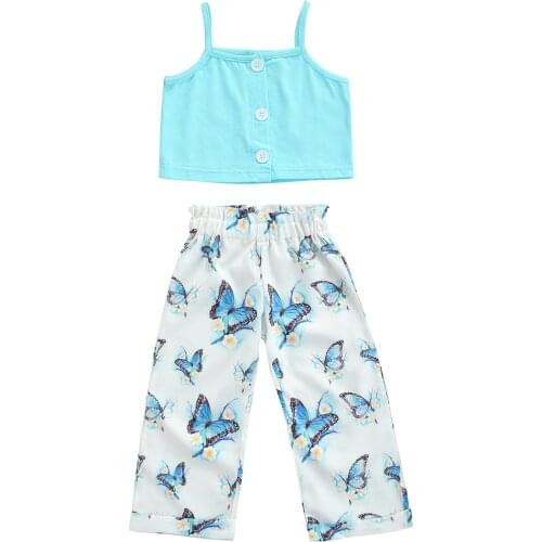 Citgeett Summer Kids Baby Girls Outfit Sweet Style Solid Single-breasted Sleeveless Suspender Top + Butterfly Printing Pants Set