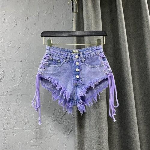 2021 Summer Women Clothing New Sexy Low Waist Single-breasted A-line Jean Shorts Bandage Galling Purple Hot Pants